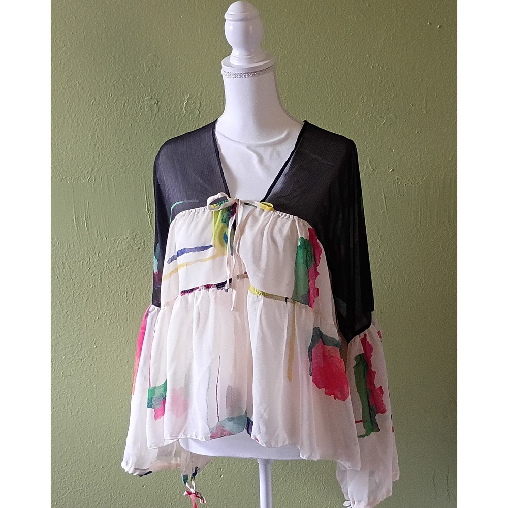 Bohemian Whimsigoth Multicolor Sheer Flowy Colorblock Blouse Top Womens M Medium